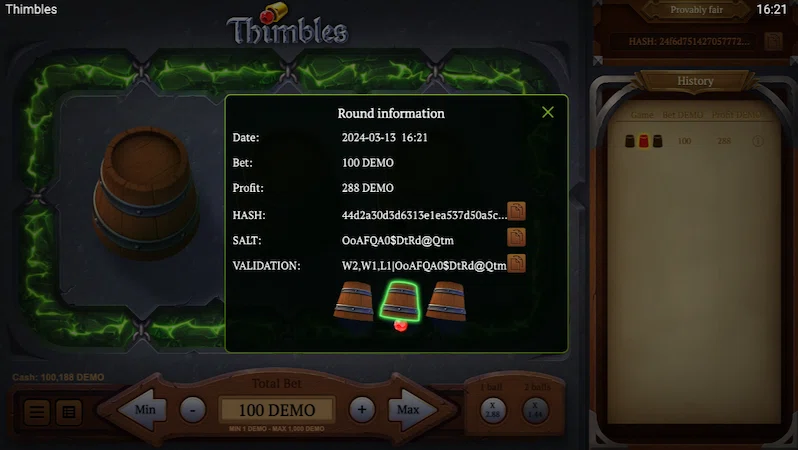 Інформація про раунд в слоті Thimbles