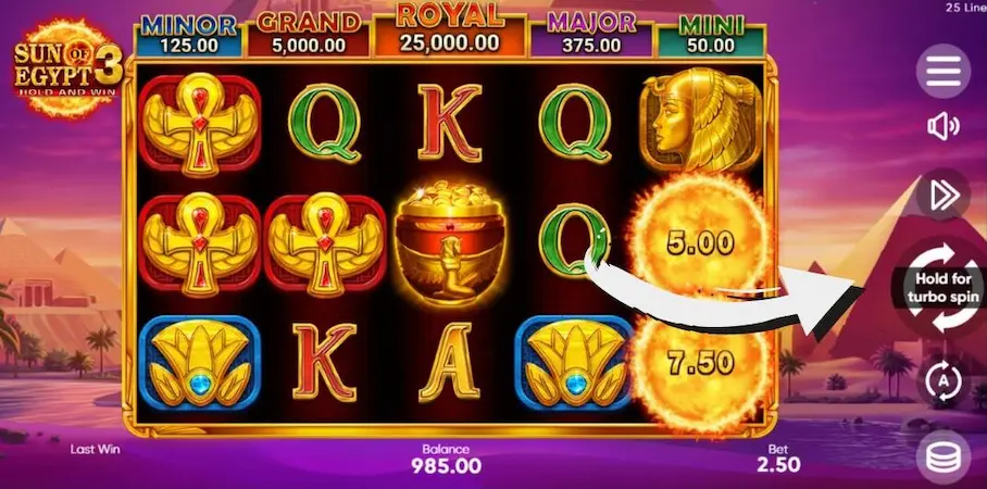 Режим турбо ігри в автоматі Sun of Egypt 3