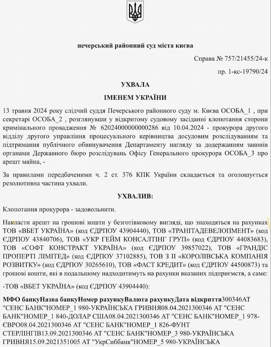Ухвала суду про блокування рахунків Pin Up та Vbet