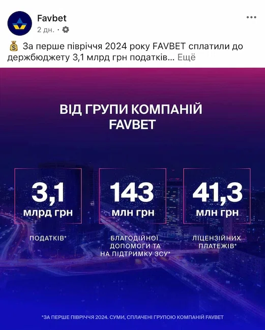 Сума податків які сплатила Favbet