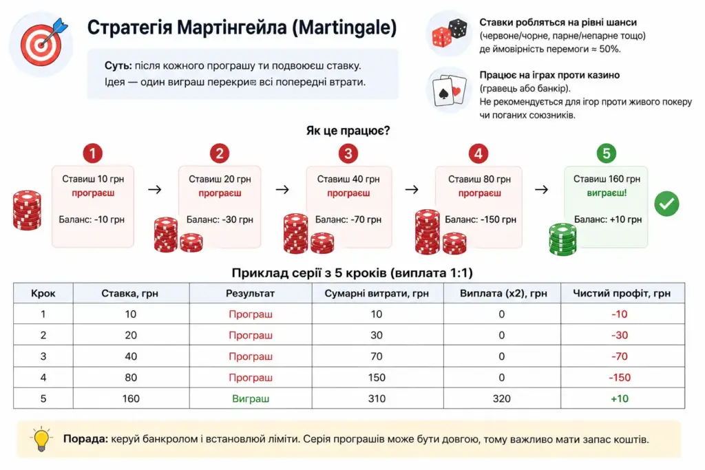 Инфографика со схемой стратегии Мартингейла