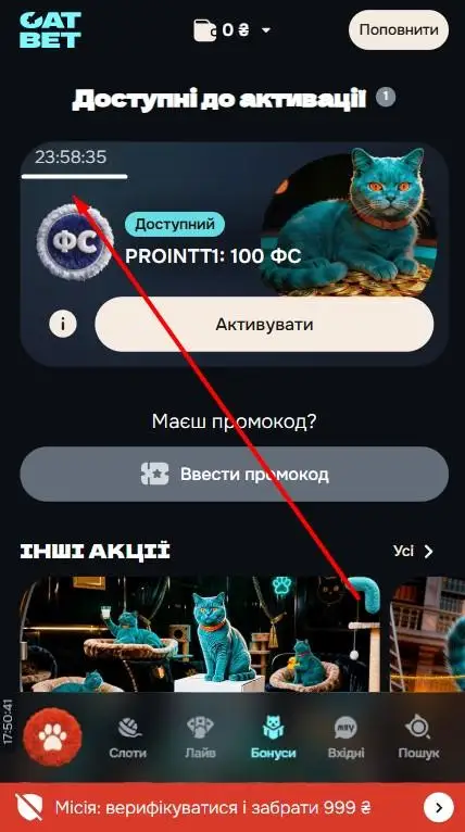 Активація бонусу 100 фріспінів CatBet