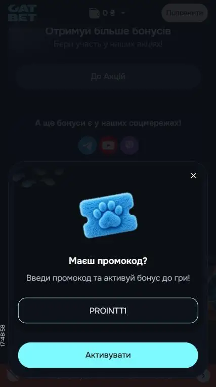 Введення промокоду PROINTT1 у CatBet